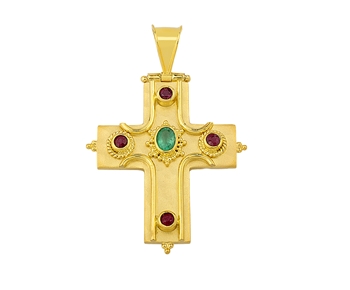 Gold handmade cross in 18K with mineral gems