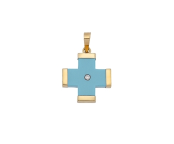Gold cross in 14K with turqoise paste and stone 