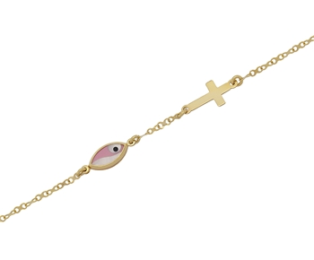 Gold fashion bracelet with cross and eye in 14K 
